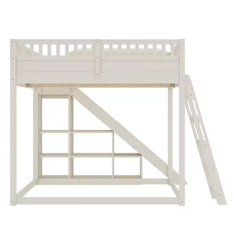 Loft Bed with Upholstered Headboard and Storage Shelves,Solid Wood Loft Bed Frame with Ladder and Slide for Kids