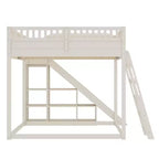 Loft Bed with Upholstered Headboard and Storage Shelves,Solid Wood Loft Bed Frame with Ladder and Slide for Kids