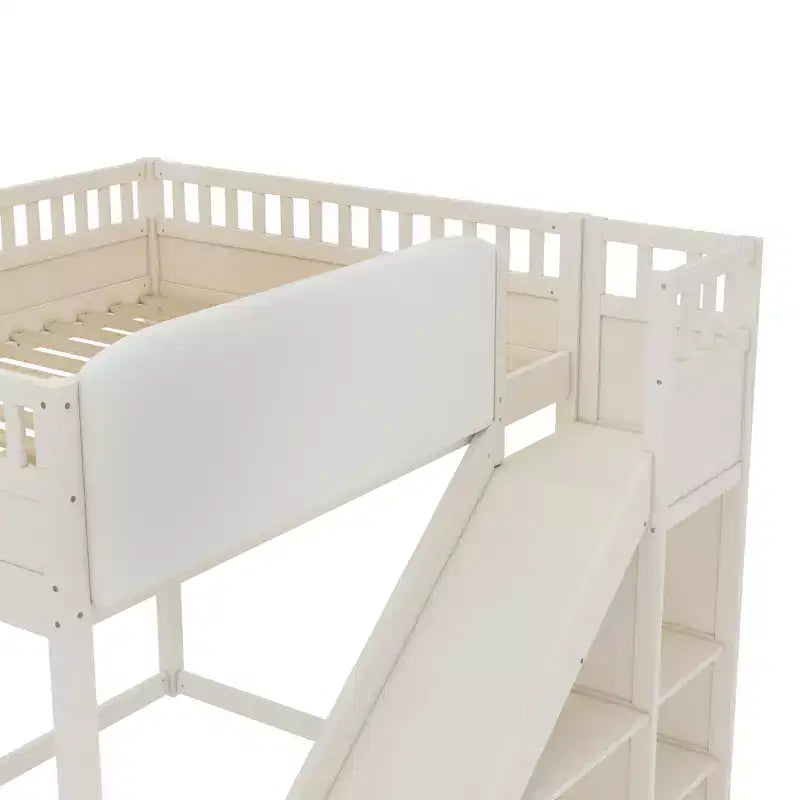 Loft Bed with Upholstered Headboard and Storage Shelves,Solid Wood Loft Bed Frame with Ladder and Slide for Kids