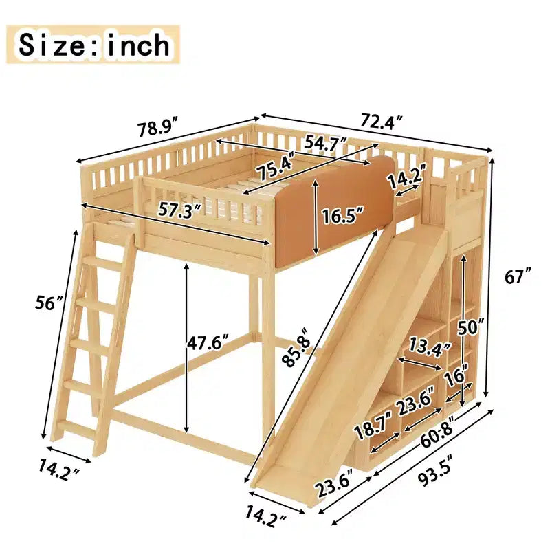 Loft Bed with Upholstered Headboard and Storage Shelves,Solid Wood Loft Bed Frame with Ladder and Slide for Kids