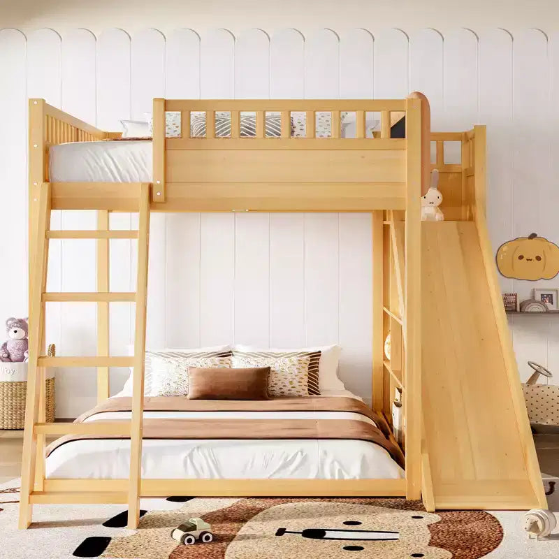 Loft Bed with Upholstered Headboard and Storage Shelves,Solid Wood Loft Bed Frame with Ladder and Slide for Kids