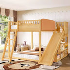 Loft Bed with Upholstered Headboard and Storage Shelves,Solid Wood Loft Bed Frame with Ladder and Slide for Kids