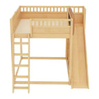 Loft Bed with Upholstered Headboard and Storage Shelves,Solid Wood Loft Bed Frame with Ladder and Slide for Kids