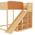 Loft Bed with Upholstered Headboard and Storage Shelves,Solid Wood Loft Bed Frame with Ladder and Slide for Kids