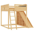 Loft Bed with Upholstered Headboard and Storage Shelves,Solid Wood Loft Bed Frame with Ladder and Slide for Kids