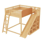 Loft Bed with Upholstered Headboard and Storage Shelves,Solid Wood Loft Bed Frame with Ladder and Slide for Kids