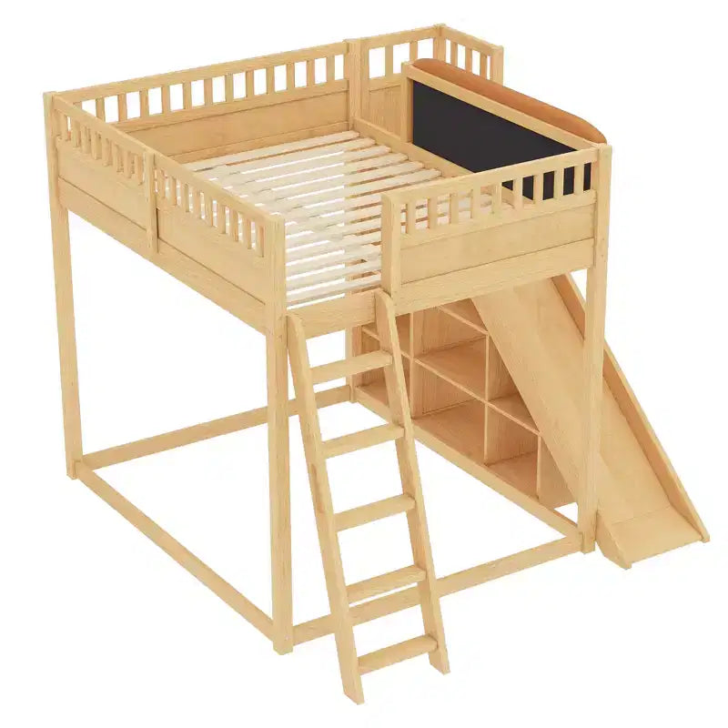 Loft Bed with Upholstered Headboard and Storage Shelves,Solid Wood Loft Bed Frame with Ladder and Slide for Kids