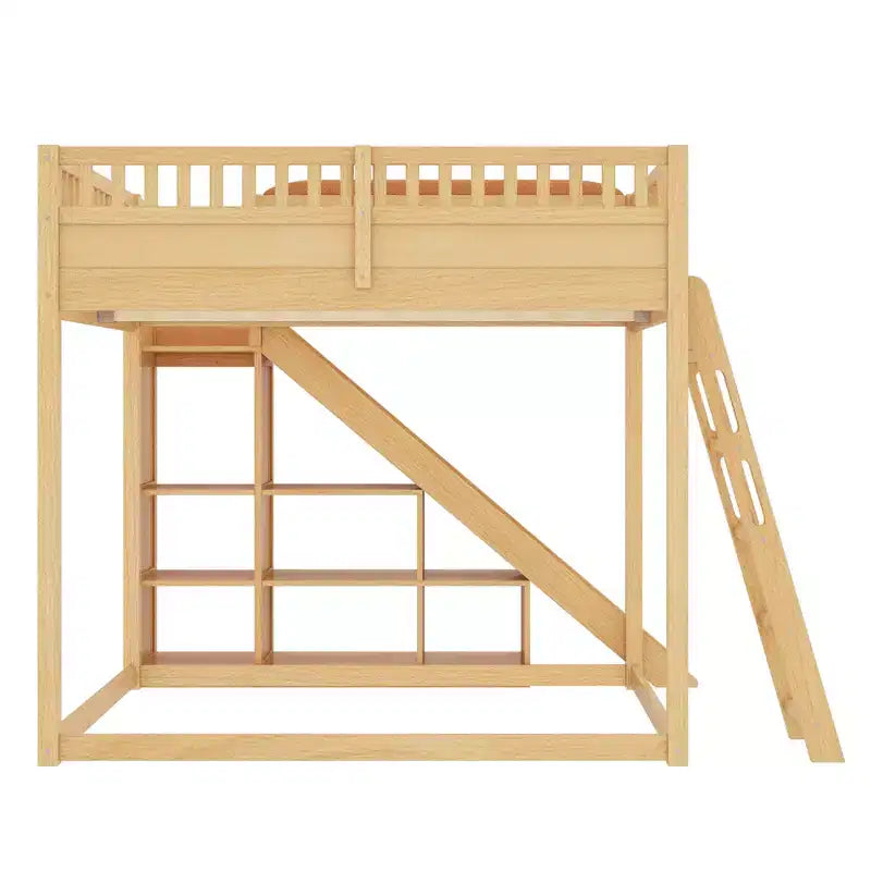 Loft Bed with Upholstered Headboard and Storage Shelves,Solid Wood Loft Bed Frame with Ladder and Slide for Kids