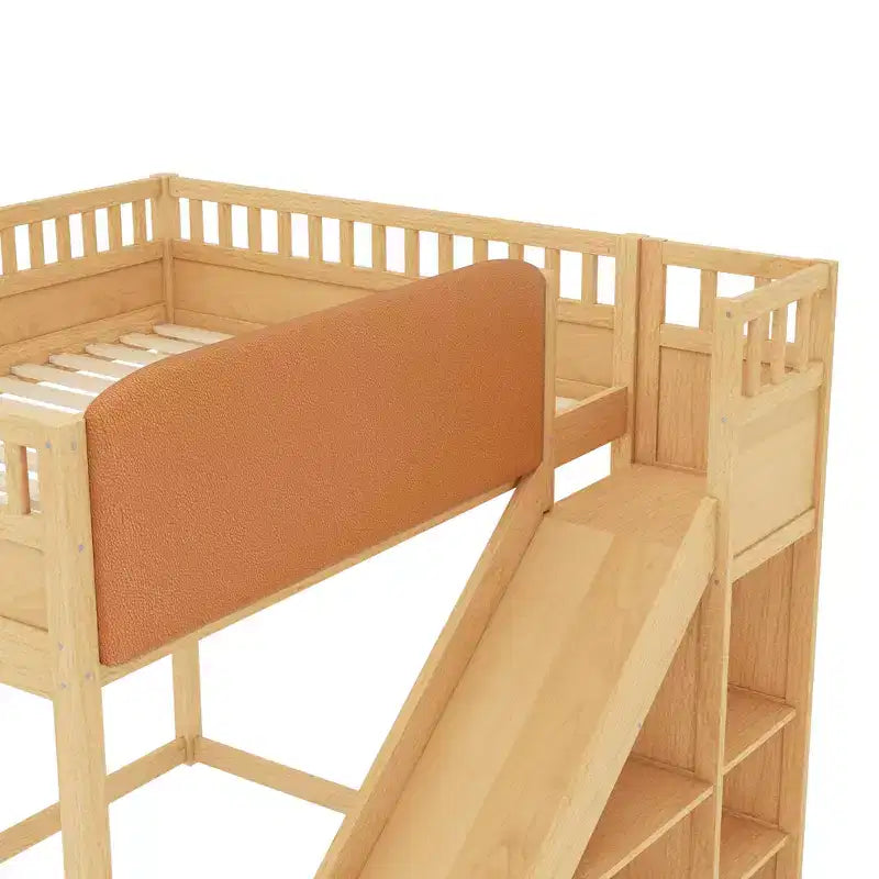 Loft Bed with Upholstered Headboard and Storage Shelves,Solid Wood Loft Bed Frame with Ladder and Slide for Kids