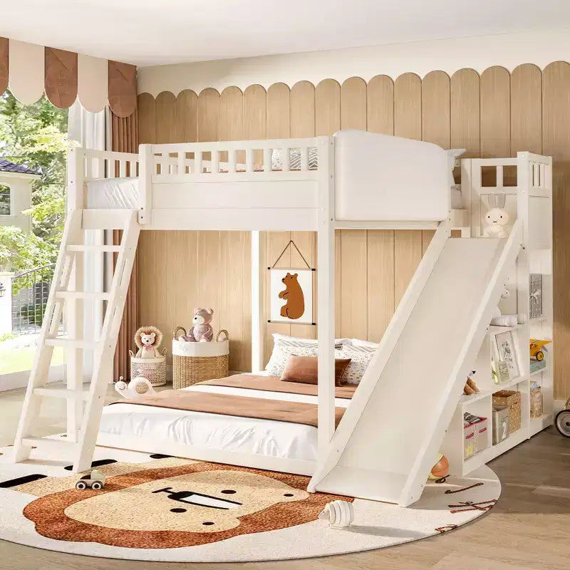 Loft Bed with Upholstered Headboard and Storage Shelves,Solid Wood Loft Bed Frame with Ladder and Slide for Kids