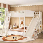 Loft Bed with Upholstered Headboard and Storage Shelves,Solid Wood Loft Bed Frame with Ladder and Slide for Kids