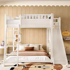 Loft Bed with Upholstered Headboard and Storage Shelves,Solid Wood Loft Bed Frame with Ladder and Slide for Kids