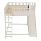 Loft Bed with Upholstered Headboard and Storage Shelves,Solid Wood Loft Bed Frame with Ladder and Slide for Kids