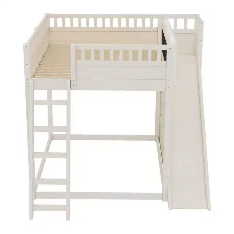 Loft Bed with Upholstered Headboard and Storage Shelves,Solid Wood Loft Bed Frame with Ladder and Slide for Kids