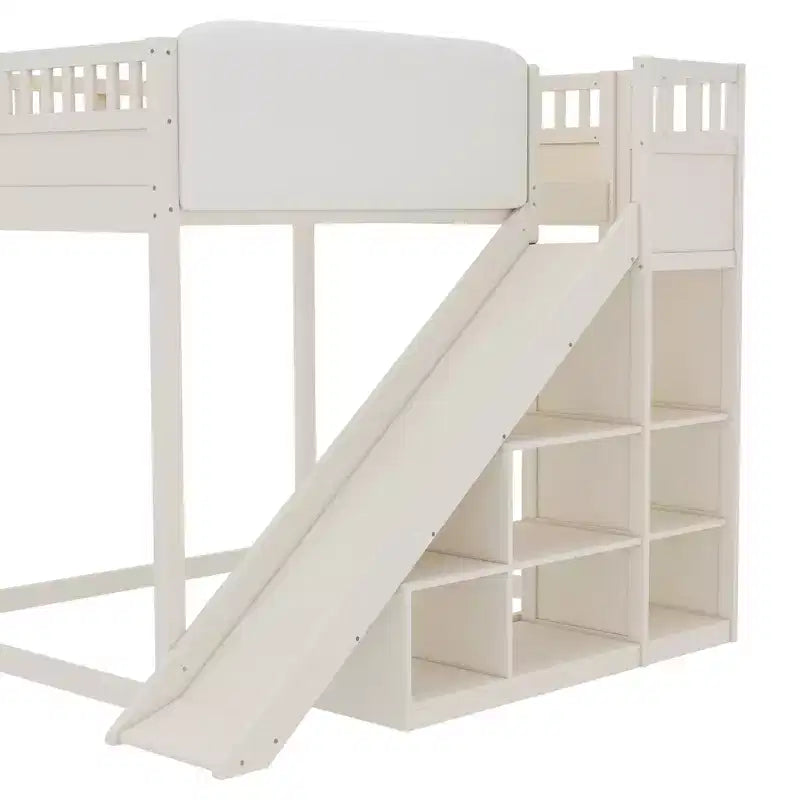 Loft Bed with Upholstered Headboard and Storage Shelves,Solid Wood Loft Bed Frame with Ladder and Slide for Kids