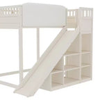 Loft Bed with Upholstered Headboard and Storage Shelves,Solid Wood Loft Bed Frame with Ladder and Slide for Kids