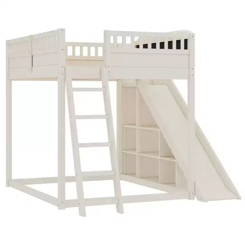 Loft Bed with Upholstered Headboard and Storage Shelves,Solid Wood Loft Bed Frame with Ladder and Slide for Kids