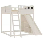 Loft Bed with Upholstered Headboard and Storage Shelves,Solid Wood Loft Bed Frame with Ladder and Slide for Kids