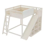 Loft Bed with Upholstered Headboard and Storage Shelves,Solid Wood Loft Bed Frame with Ladder and Slide for Kids