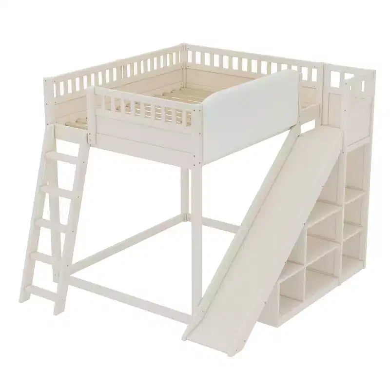 Loft Bed with Upholstered Headboard and Storage Shelves,Solid Wood Loft Bed Frame with Ladder and Slide for Kids