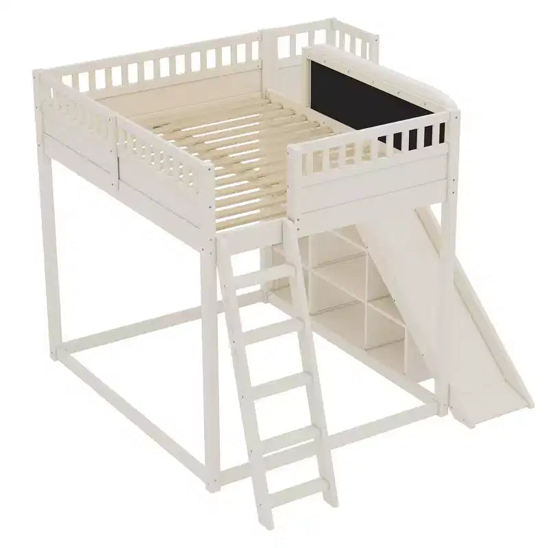 Loft Bed with Upholstered Headboard and Storage Shelves,Solid Wood Loft Bed Frame with Ladder and Slide for Kids