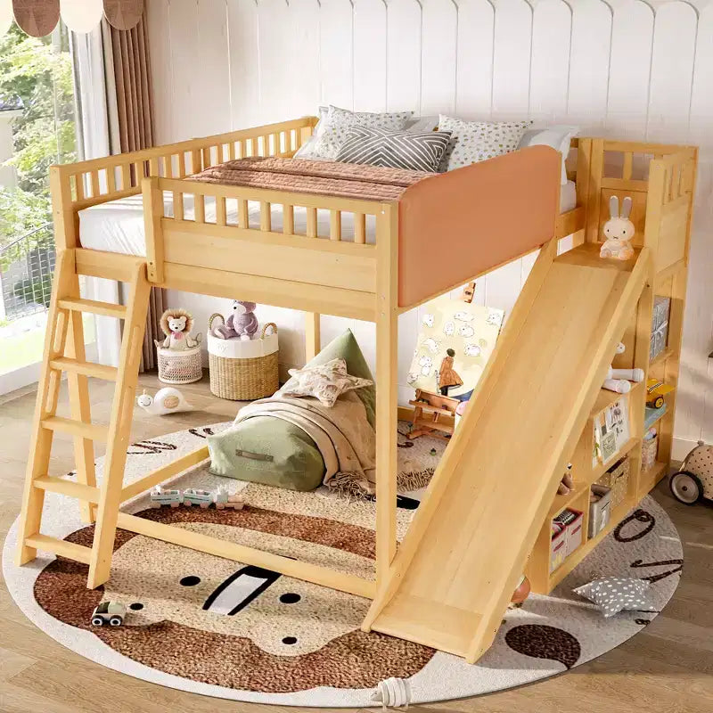 Loft Bed with Upholstered Headboard and Storage Shelves,Solid Wood Loft Bed Frame with Ladder and Slide for Kids