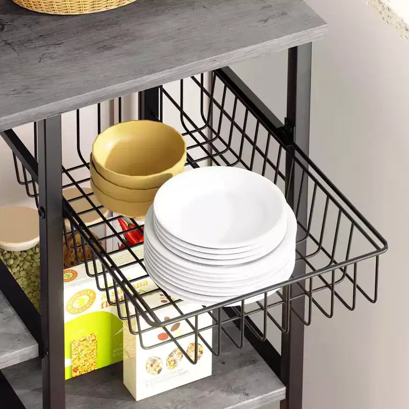 Bakers Rack with Power Outlet, 34.7 Open Storage Shelves with Wire Basket, Kitchen Microwave Stand with 6 S-Shaped Hooks