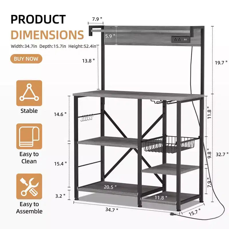 Bakers Rack with Power Outlet, 34.7 Open Storage Shelves with Wire Basket, Kitchen Microwave Stand with 6 S-Shaped Hooks