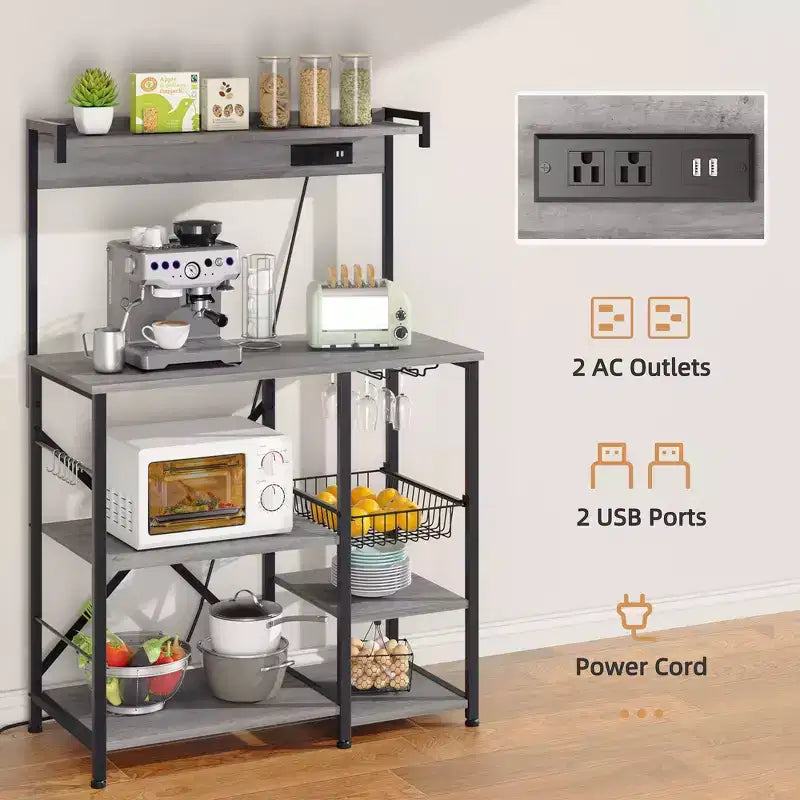 Bakers Rack with Power Outlet, 34.7 Open Storage Shelves with Wire Basket, Kitchen Microwave Stand with 6 S-Shaped Hooks