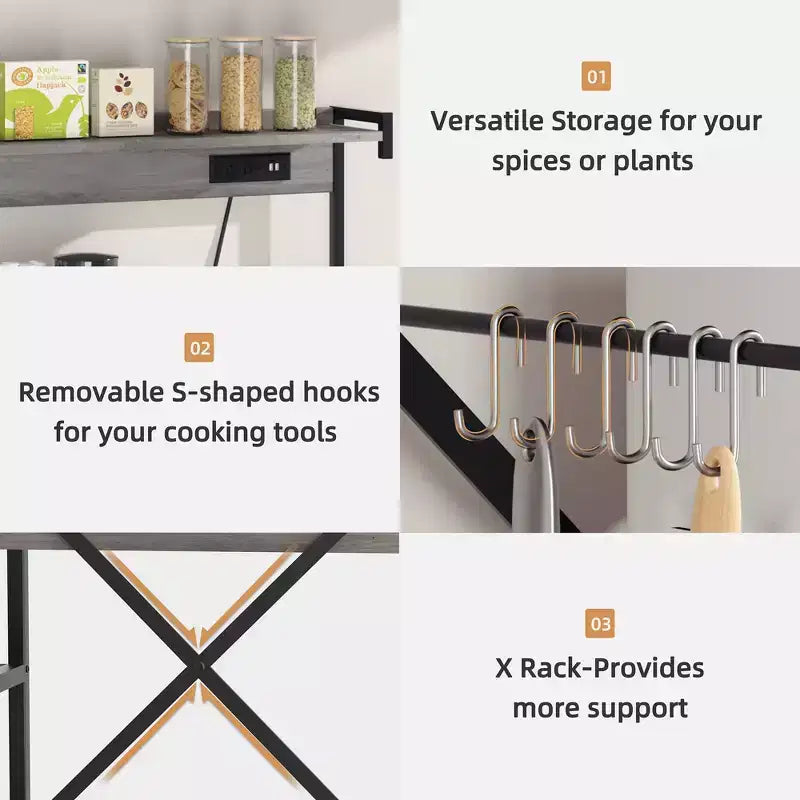 Bakers Rack with Power Outlet, 34.7 Open Storage Shelves with Wire Basket, Kitchen Microwave Stand with 6 S-Shaped Hooks