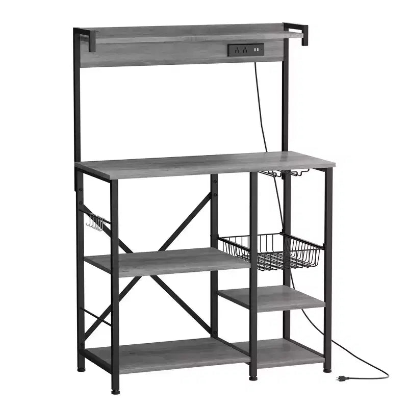 Bakers Rack with Power Outlet, 34.7 Open Storage Shelves with Wire Basket, Kitchen Microwave Stand with 6 S-Shaped Hooks
