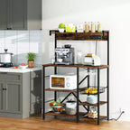 Bakers Rack with Power Outlet, 34.7 Open Storage Shelves with Wire Basket, Kitchen Microwave Stand with 6 S-Shaped Hooks