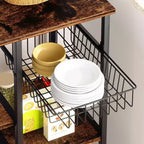 Bakers Rack with Power Outlet, 34.7 Open Storage Shelves with Wire Basket, Kitchen Microwave Stand with 6 S-Shaped Hooks