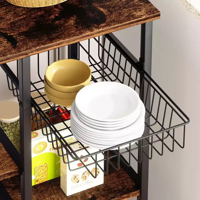 Bakers Rack with Power Outlet, 34.7 Open Storage Shelves with Wire Basket, Kitchen Microwave Stand with 6 S-Shaped Hooks