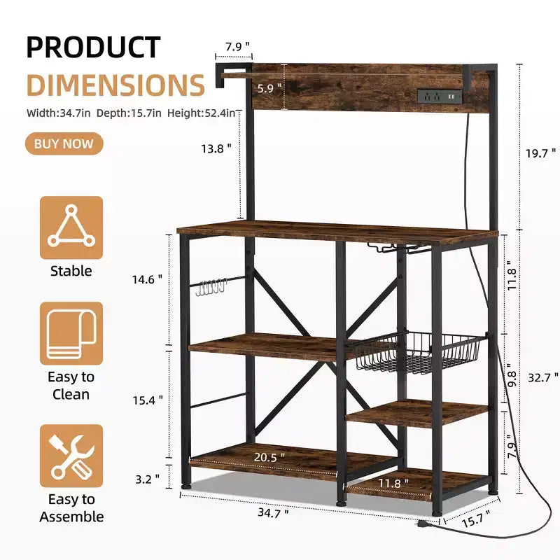 Bakers Rack with Power Outlet, 34.7 Open Storage Shelves with Wire Basket, Kitchen Microwave Stand with 6 S-Shaped Hooks