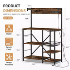 Bakers Rack with Power Outlet, 34.7 Open Storage Shelves with Wire Basket, Kitchen Microwave Stand with 6 S-Shaped Hooks