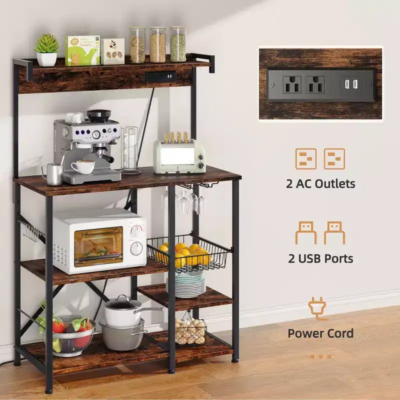 Bakers Rack with Power Outlet, 34.7 Open Storage Shelves with Wire Basket, Kitchen Microwave Stand with 6 S-Shaped Hooks