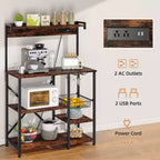 Bakers Rack with Power Outlet, 34.7 Open Storage Shelves with Wire Basket, Kitchen Microwave Stand with 6 S-Shaped Hooks