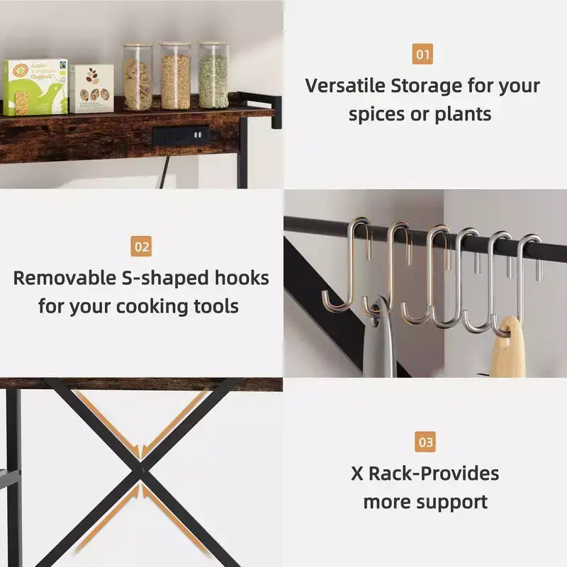 Bakers Rack with Power Outlet, 34.7 Open Storage Shelves with Wire Basket, Kitchen Microwave Stand with 6 S-Shaped Hooks