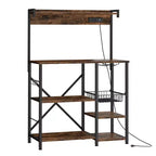 Bakers Rack with Power Outlet, 34.7 Open Storage Shelves with Wire Basket, Kitchen Microwave Stand with 6 S-Shaped Hooks