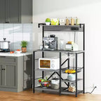 Bakers Rack with Power Outlet, 34.7 Open Storage Shelves with Wire Basket, Kitchen Microwave Stand with 6 S-Shaped Hooks