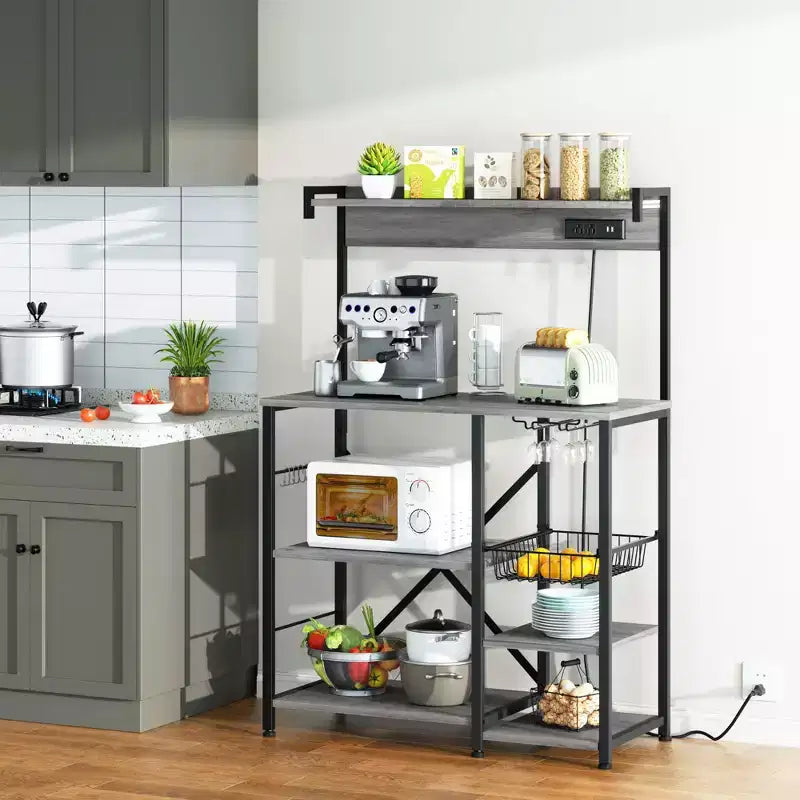 Bakers Rack with Power Outlet, 34.7 Open Storage Shelves with Wire Basket, Kitchen Microwave Stand with 6 S-Shaped Hooks