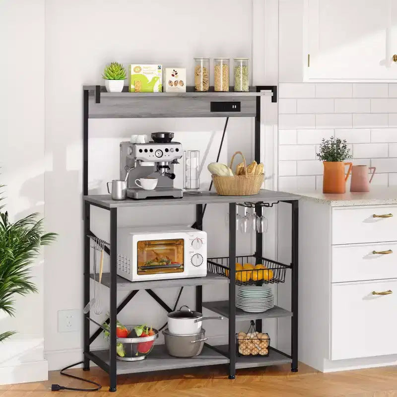 Bakers Rack with Power Outlet, 34.7 Open Storage Shelves with Wire Basket, Kitchen Microwave Stand with 6 S-Shaped Hooks