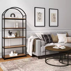 72-inch wood and metal five-tier arched bookshelf, reclaimed oak/matte black