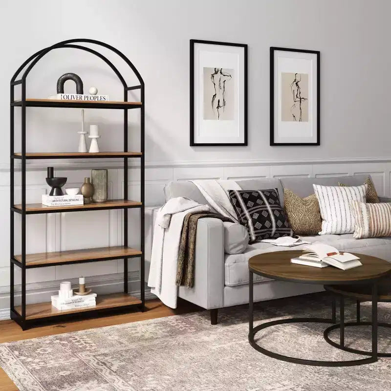 72-inch wood and metal five-tier arched bookshelf, reclaimed oak/matte black