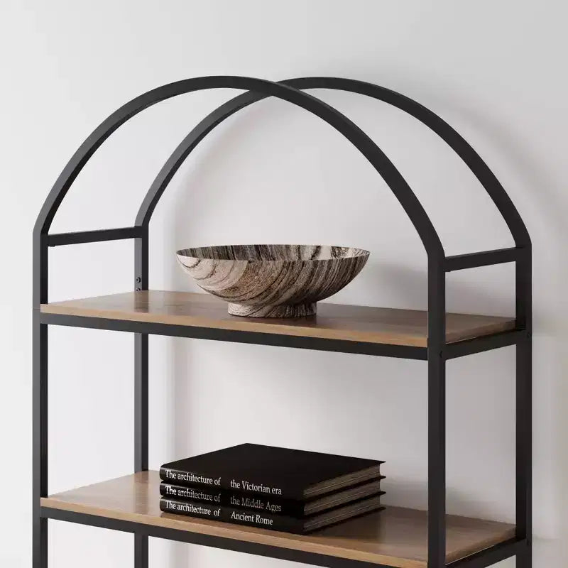 72-inch wood and metal five-tier arched bookshelf, reclaimed oak/matte black