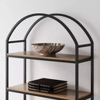 72-inch wood and metal five-tier arched bookshelf, reclaimed oak/matte black