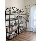 72-inch wood and metal five-tier arched bookshelf, reclaimed oak/matte black