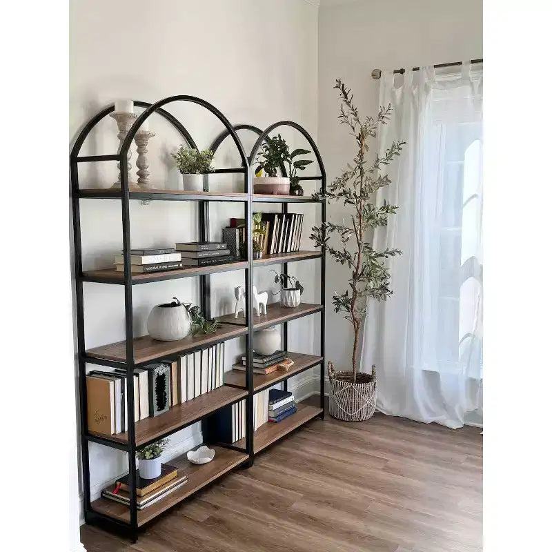 72-inch wood and metal five-tier arched bookshelf, reclaimed oak/matte black